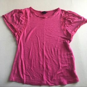 J. Crew 100% Linen Flutter Sleeve Eyelet Blouse Lace Trim Pink Size XS